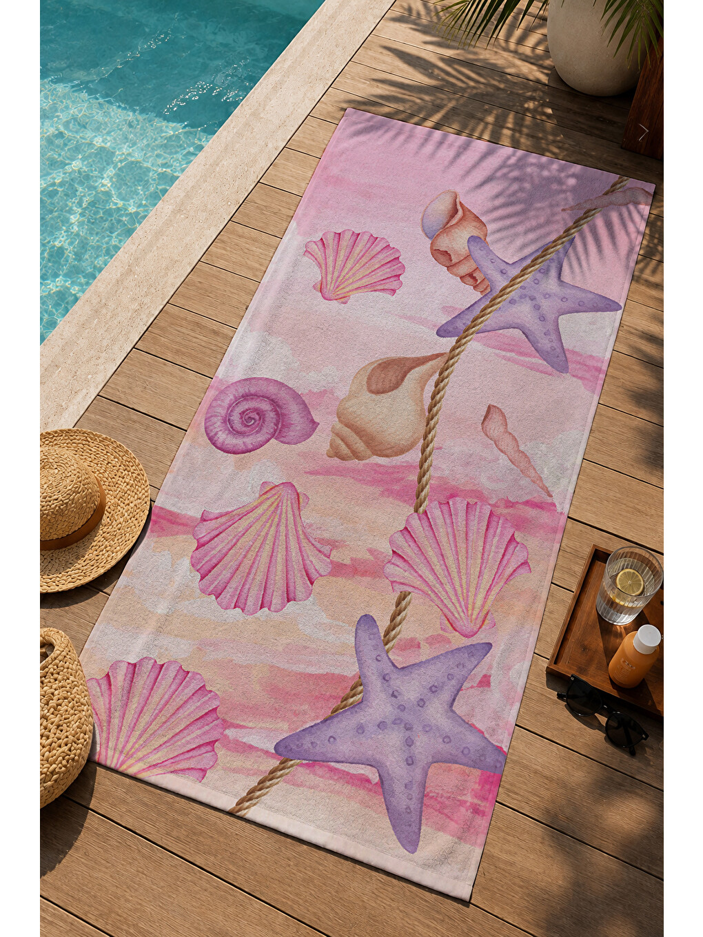 Gri Pembe Deniz Kabuğu Ve Deniz Yıldızı Desenli 70x150 Cm Dijital Baskılı Plaj Ve Banyo Havlusu-2
