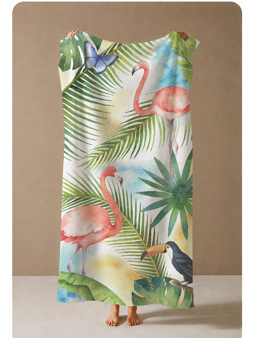 Yeşil Tropikal Yaprak Ve Flamingo Desenli 70x150 Cm Dijital Baskılı Plaj Ve Banyo Havlusu-3