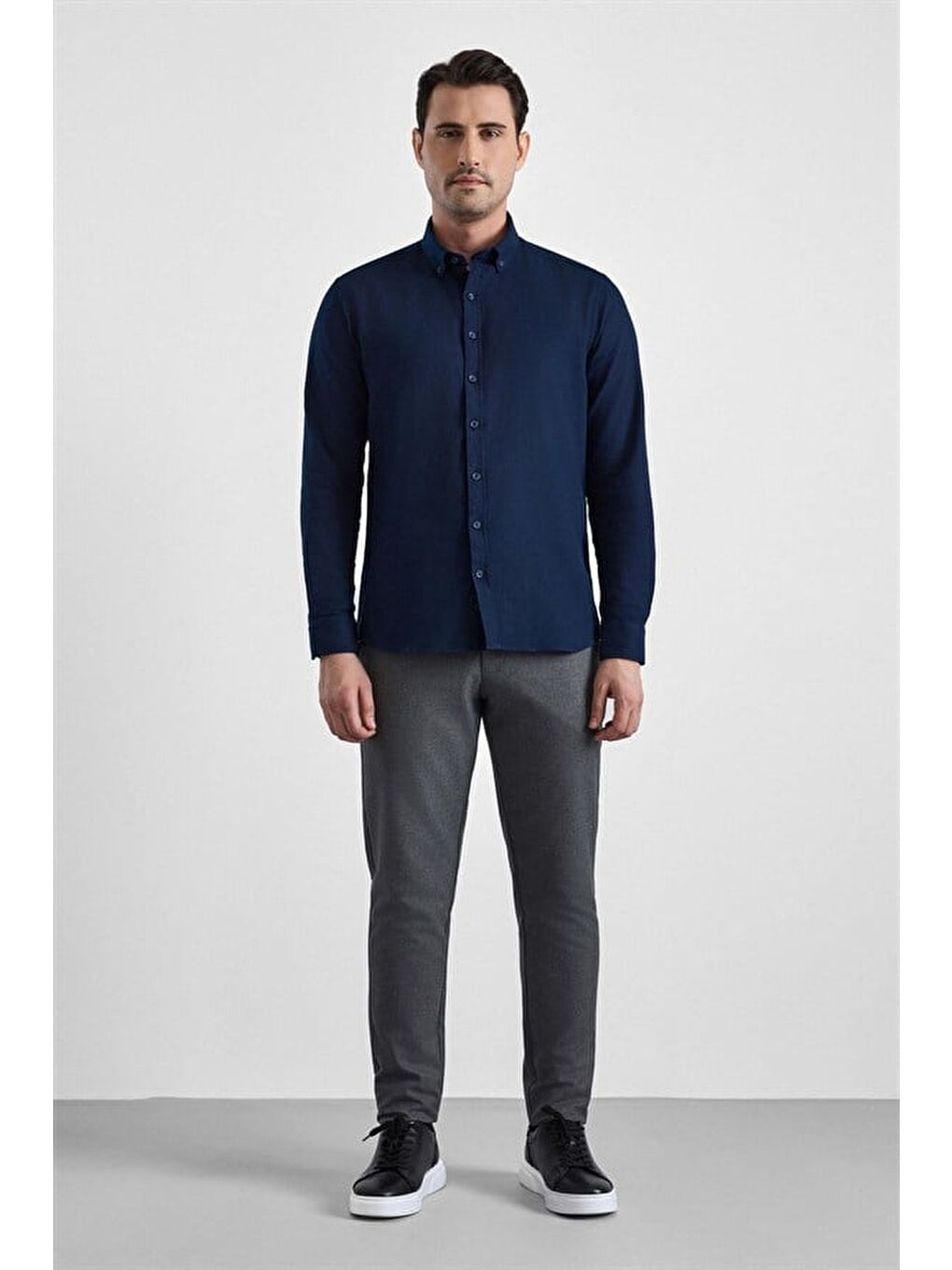 Lacivert Slim Düğmeli Yaka Düz Casual Gömlek-4