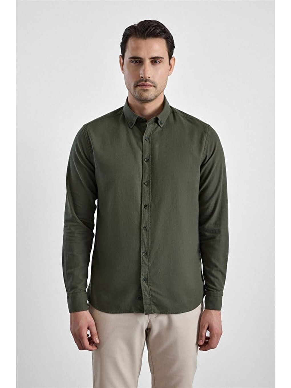 Koyu Yeşil Slim Düğmeli Yaka Düz Casual Gömlek