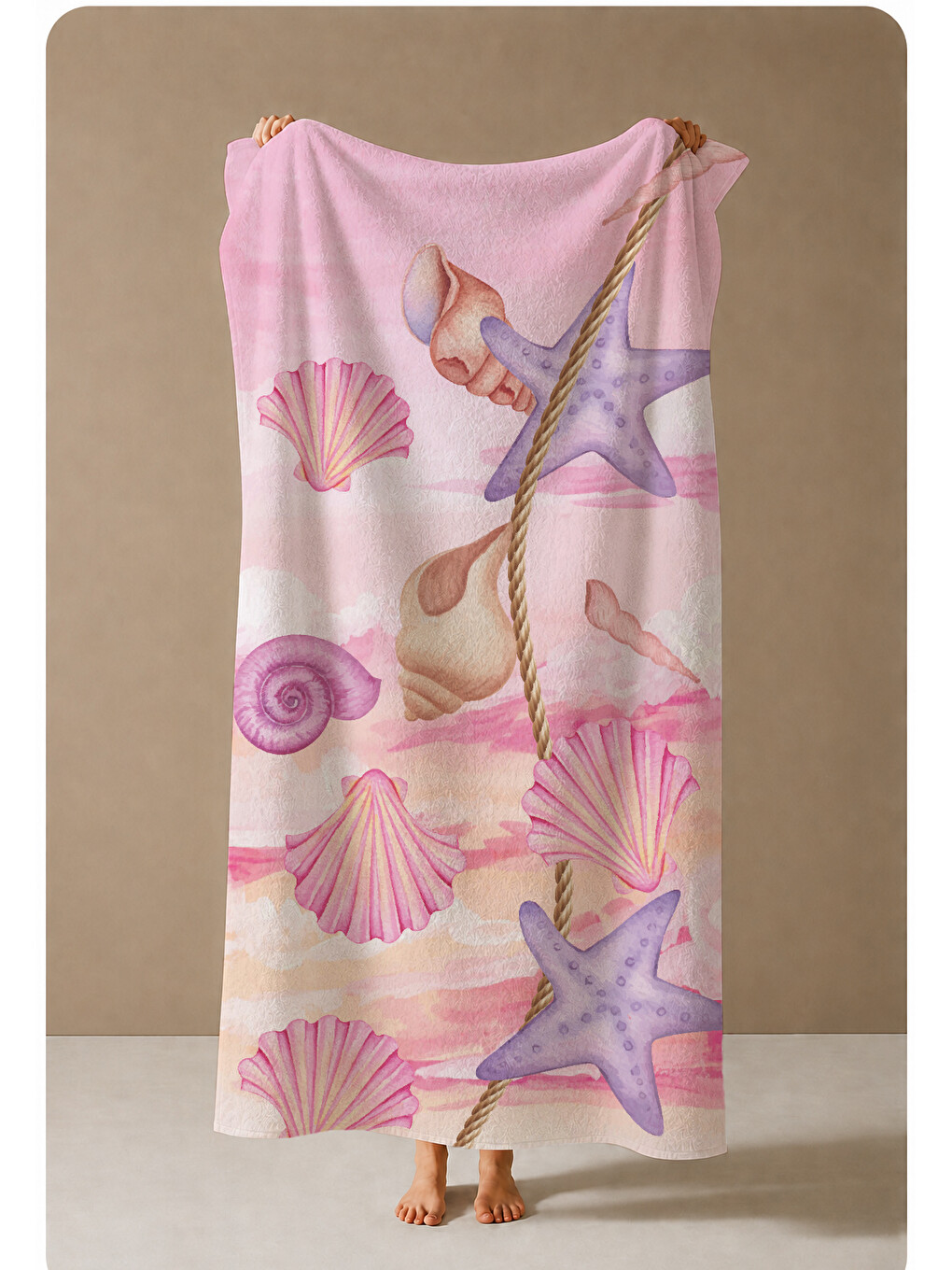 Gri Pembe Deniz Kabuğu Ve Deniz Yıldızı Desenli 70x150 Cm Dijital Baskılı Plaj Ve Banyo Havlusu-3
