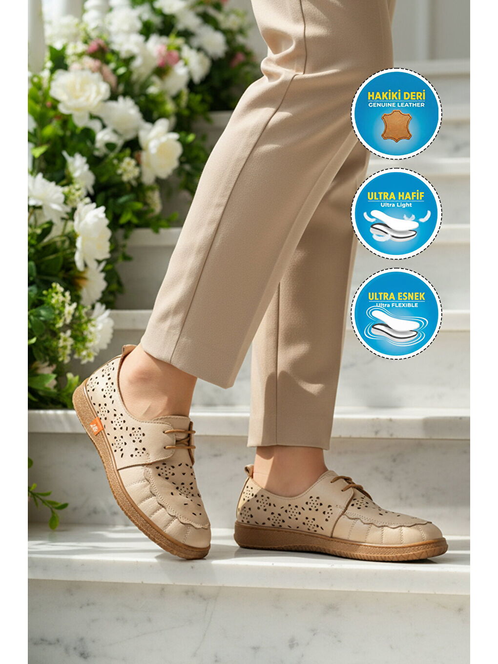 Bej Hakiki Deri Kadın Casual Ayakkabı 2084 Z-2