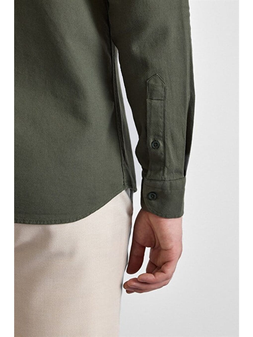 Koyu Yeşil Slim Düğmeli Yaka Düz Casual Gömlek-2