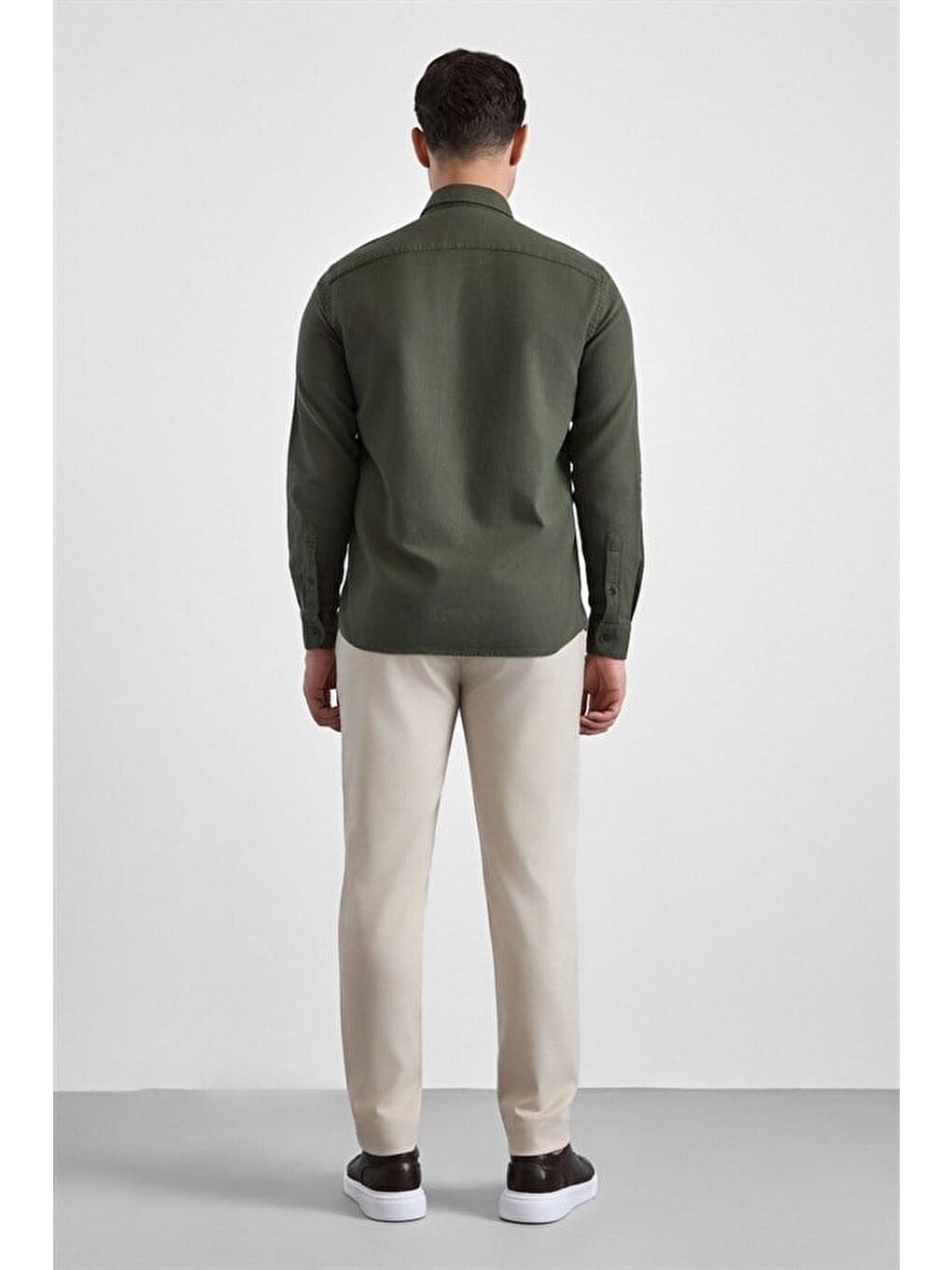Koyu Yeşil Slim Düğmeli Yaka Düz Casual Gömlek-3
