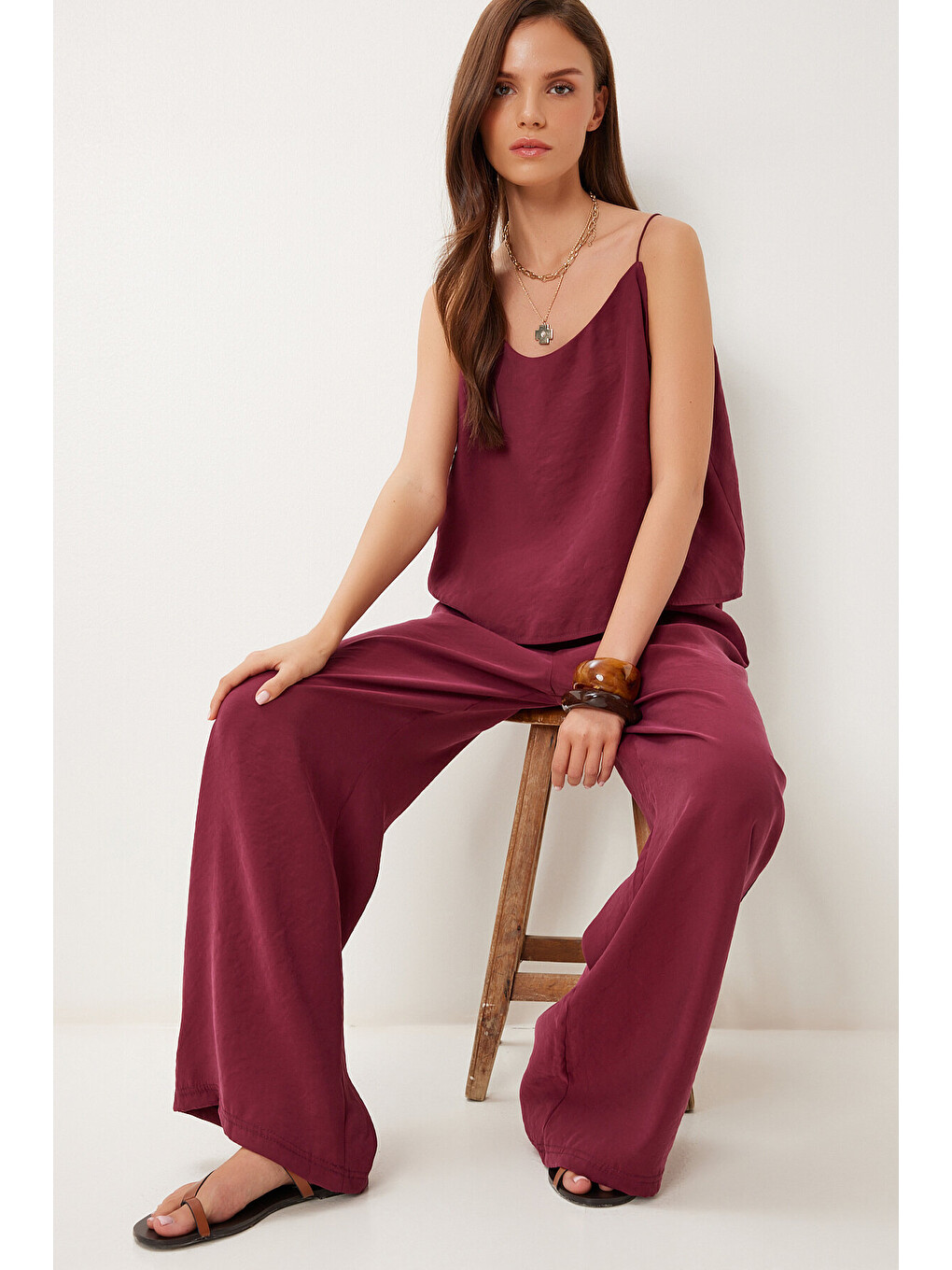 Kırmızı Askılı Modal Bluz Pantolon Takım Vişne Lrv0108