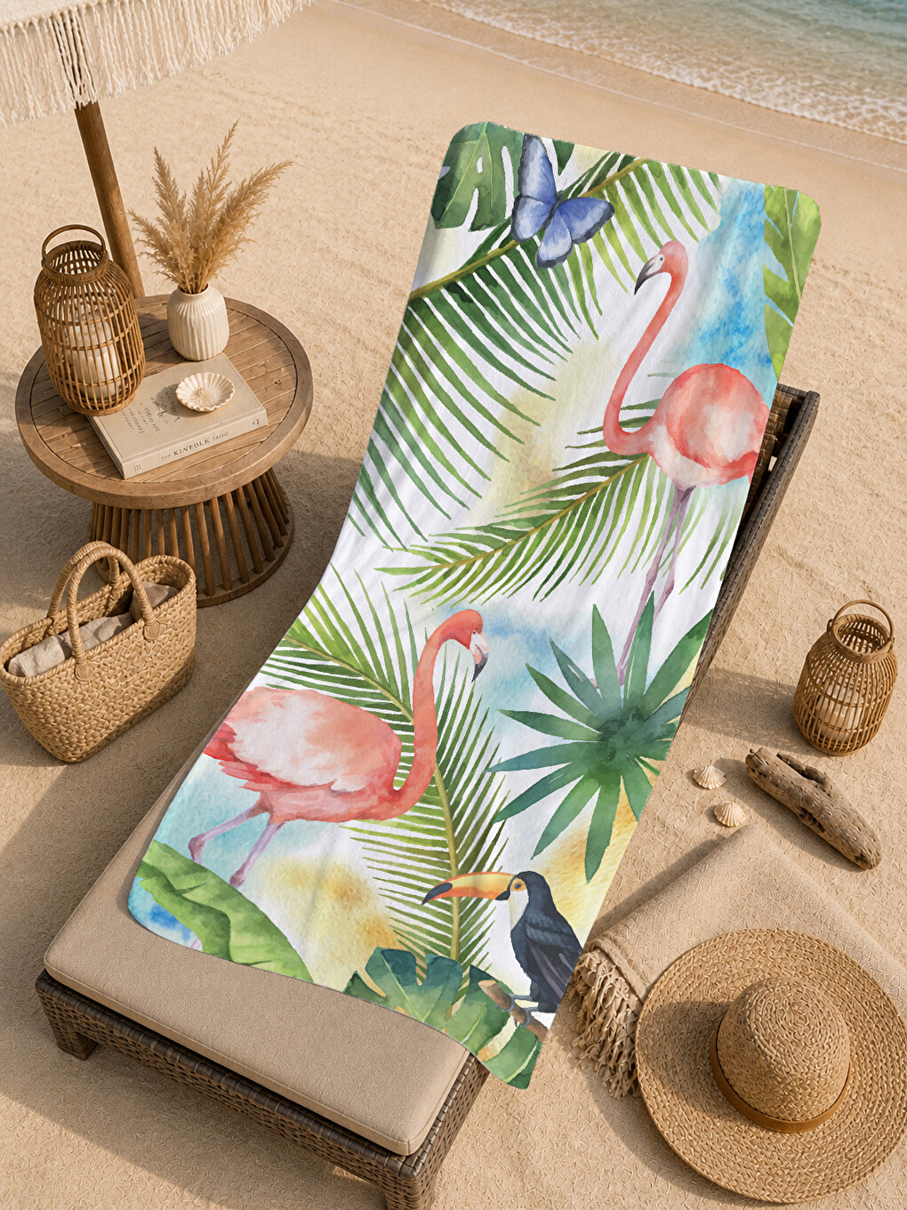 Yeşil Tropikal Yaprak Ve Flamingo Desenli 70x150 Cm Dijital Baskılı Plaj Ve Banyo Havlusu-4