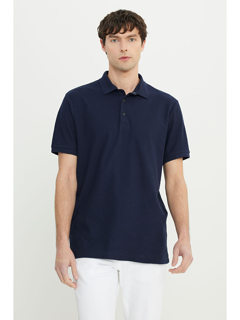 Erkek Lacivert %100 Pamuk Comfort Fit Rahat Kesim Polo Yaka Jakarlı Tişört