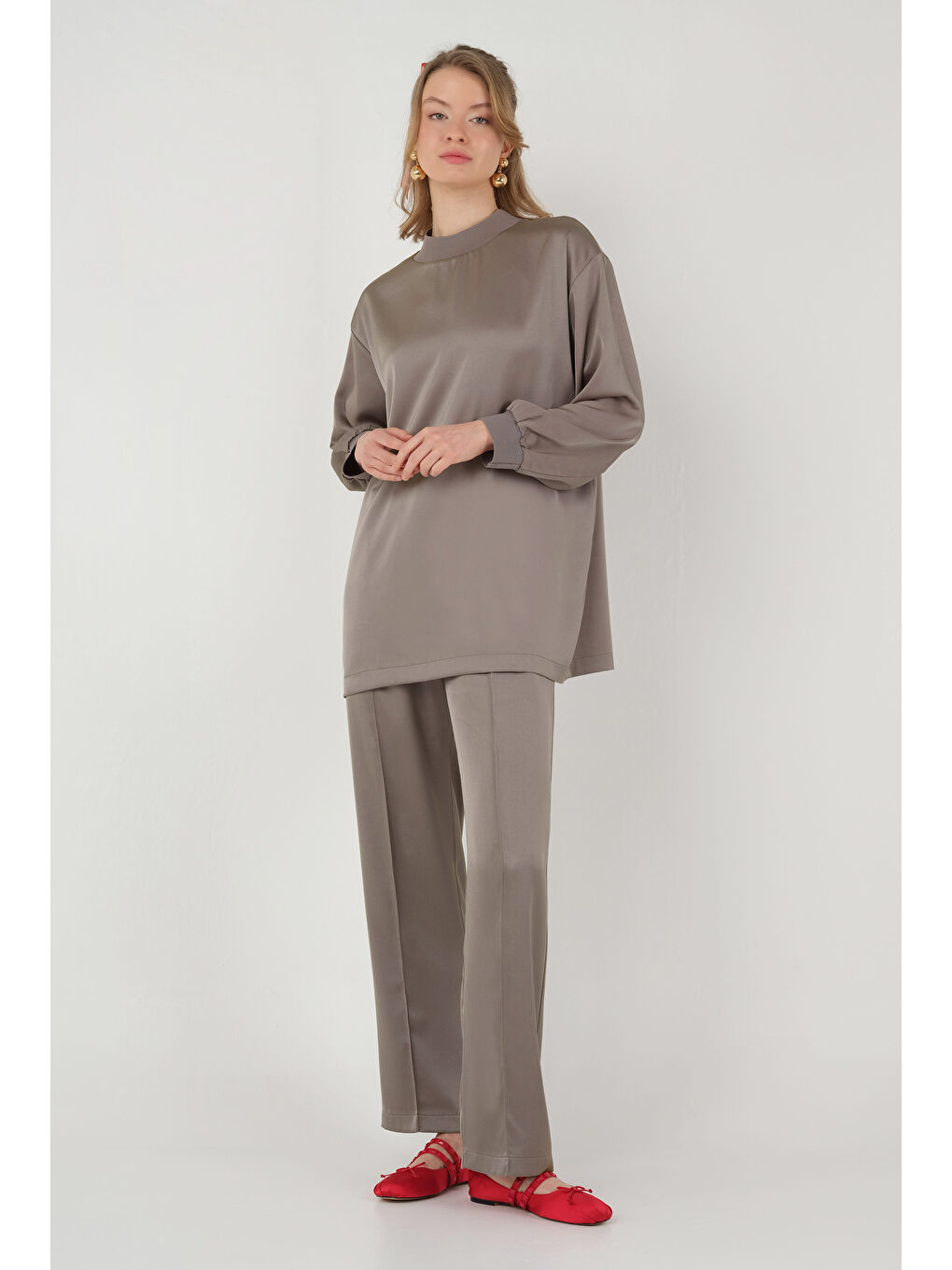 Bej Ribanalı Saten Takım Vizon