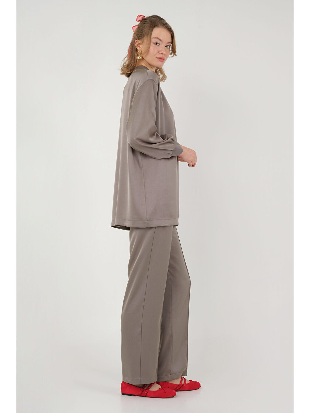 Bej Ribanalı Saten Takım Vizon-1