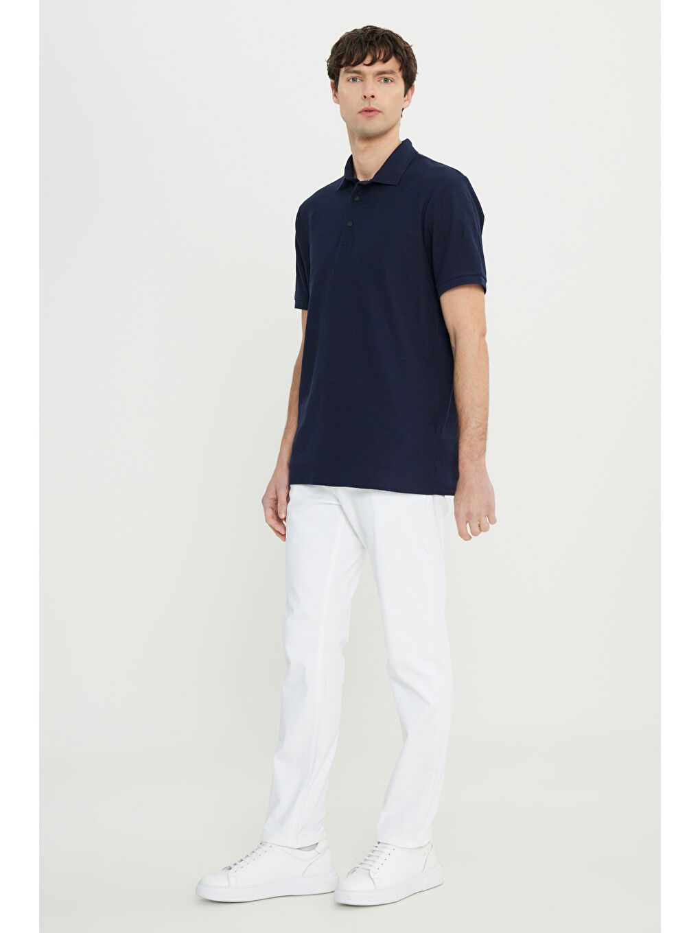 Erkek Lacivert %100 Pamuk Comfort Fit Rahat Kesim Polo Yaka Jakarlı Tişört-1