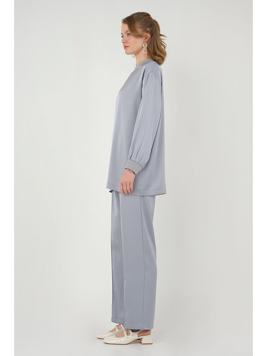 Ribanalı Saten Takım Gri-1