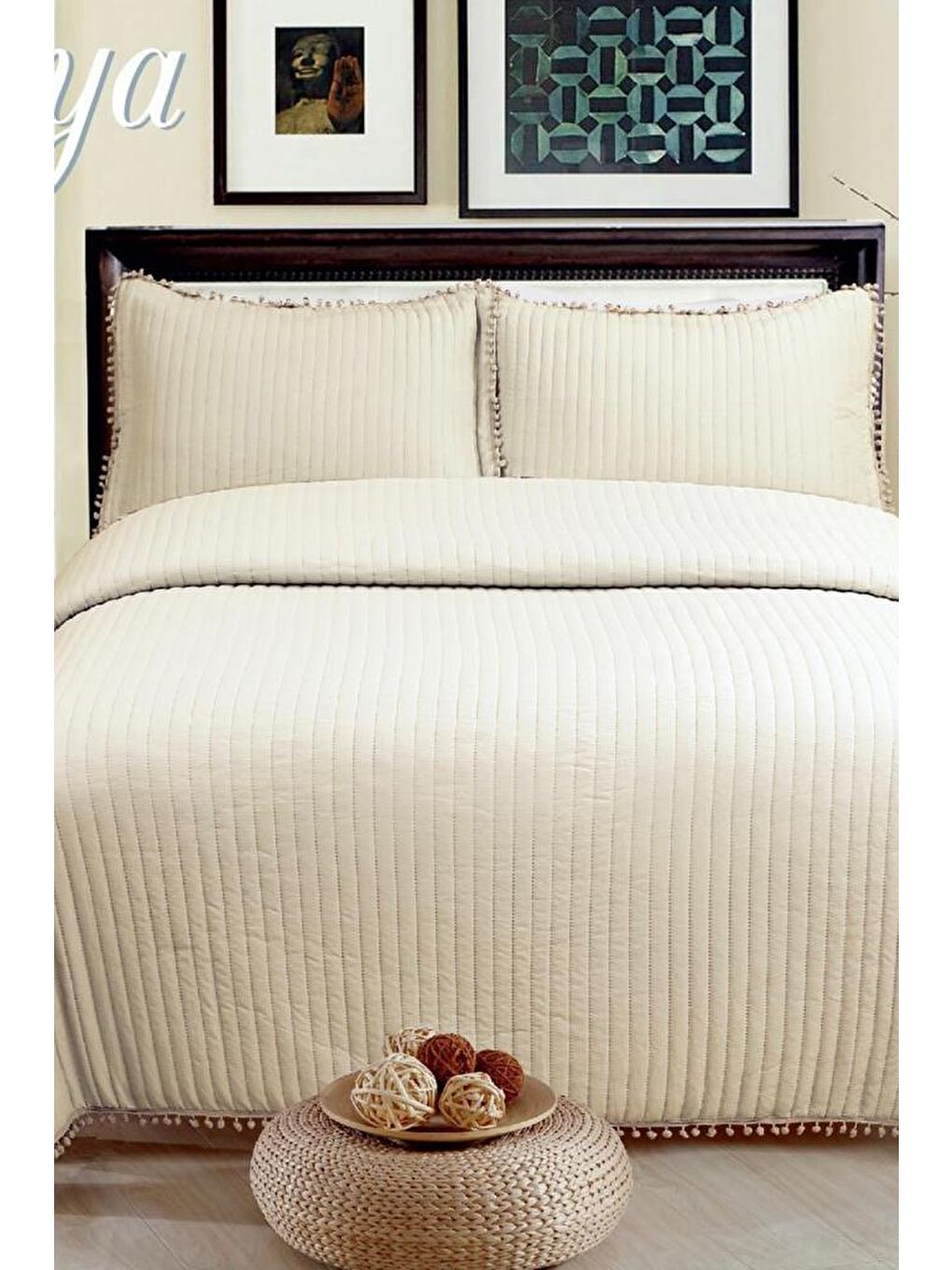 Asya Elyaf Dolgulu Çift Kişilik 240x260 Cm Yatak Örtüsü Bej