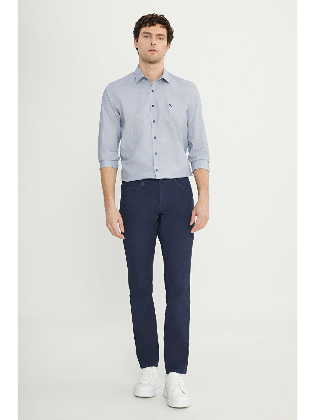 Erkek Lacivert Pamuklu Slim Fit 5 Cep Armürlü Esnek Casual Pantolon-1