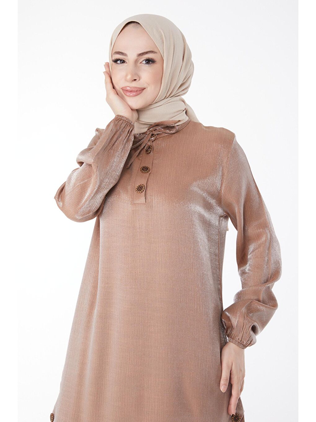 Kahverengi Hakim Yaka Kadın Taba Düğme Detaylı İkili Takım - 25122-1