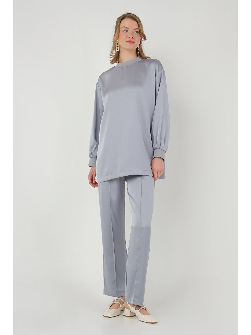 Ribanalı Saten Takım Gri-4