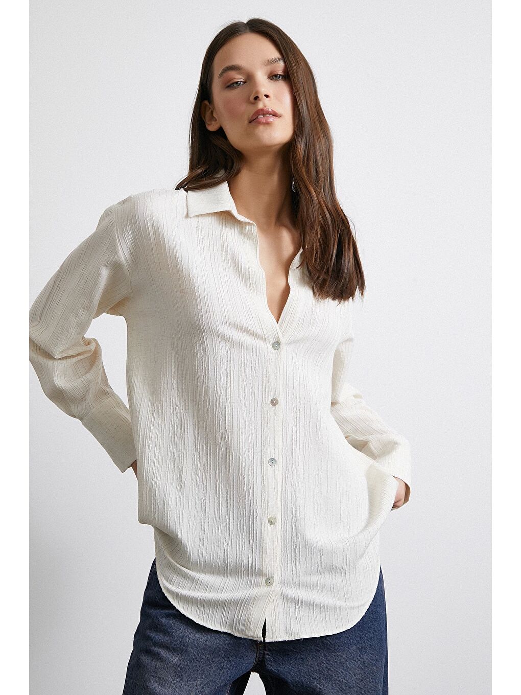 Ekru Pamuk Dokulu Çizgili Gömlek Krem-2