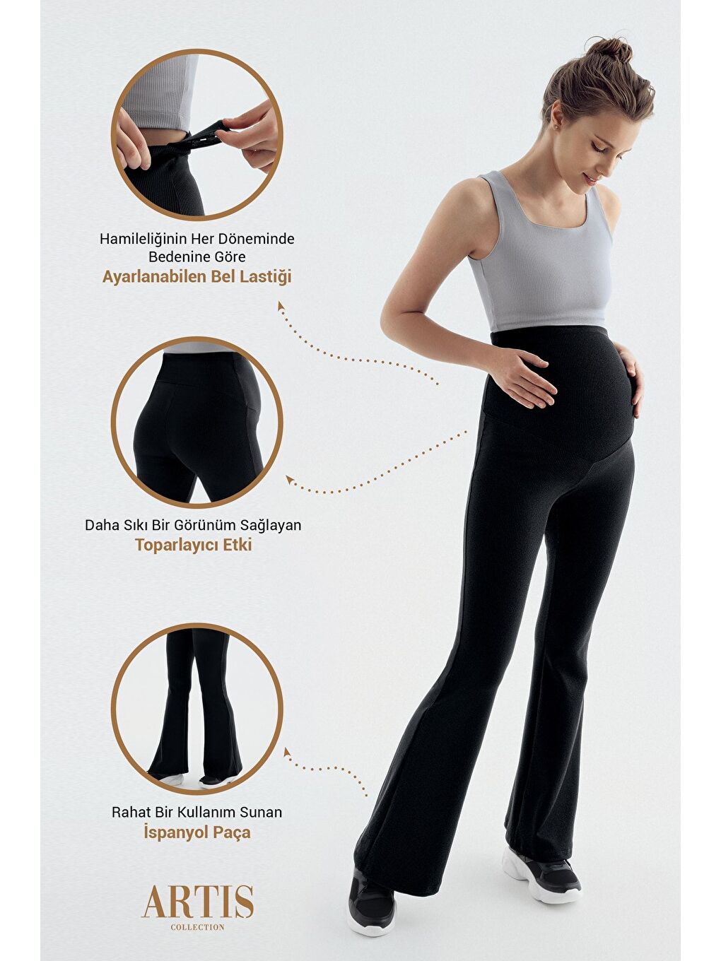 Bej Fitilli İspanyol Paça Yüksek Bel Esnek Toparlayıcı Hamile Tayt F09-4