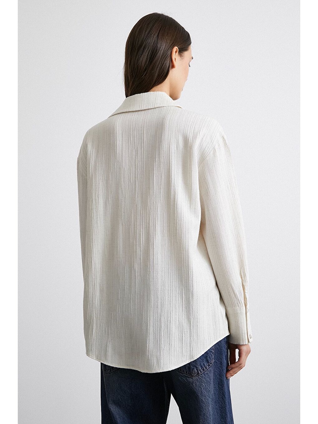 Ekru Pamuk Dokulu Çizgili Gömlek Krem-4