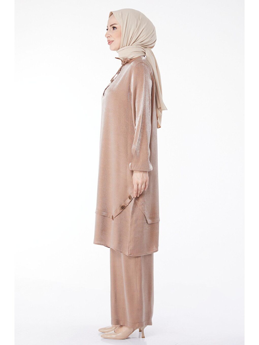 Kahverengi Hakim Yaka Kadın Taba Düğme Detaylı İkili Takım - 25122-2