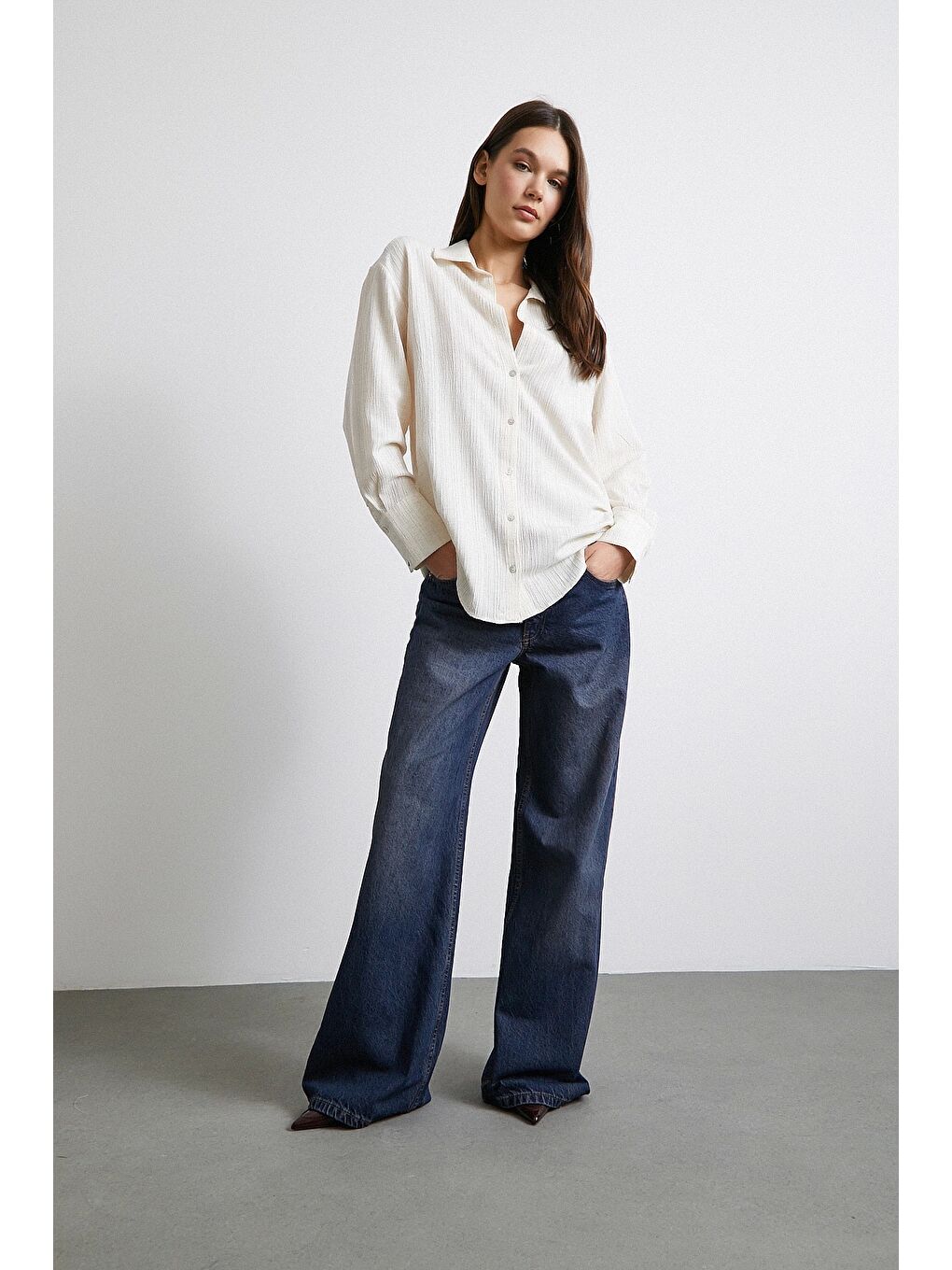 Ekru Pamuk Dokulu Çizgili Gömlek Krem-5