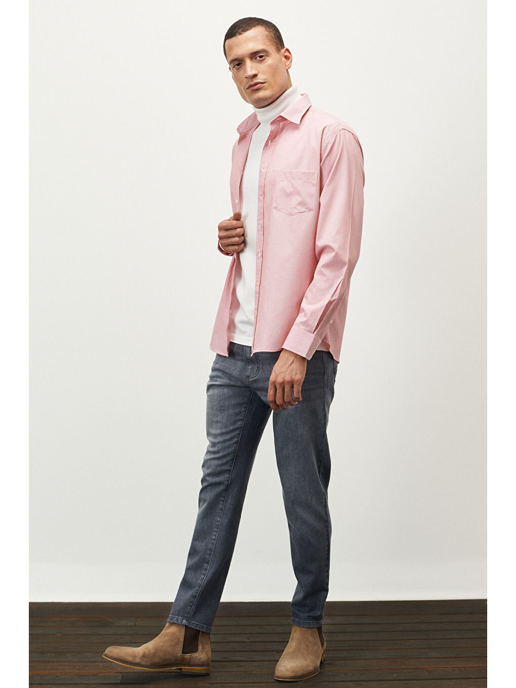 Erkek Bordo-Beyaz Comfort Fit Rahat Kesim Klasik Yaka Çizgili Gömlek-1