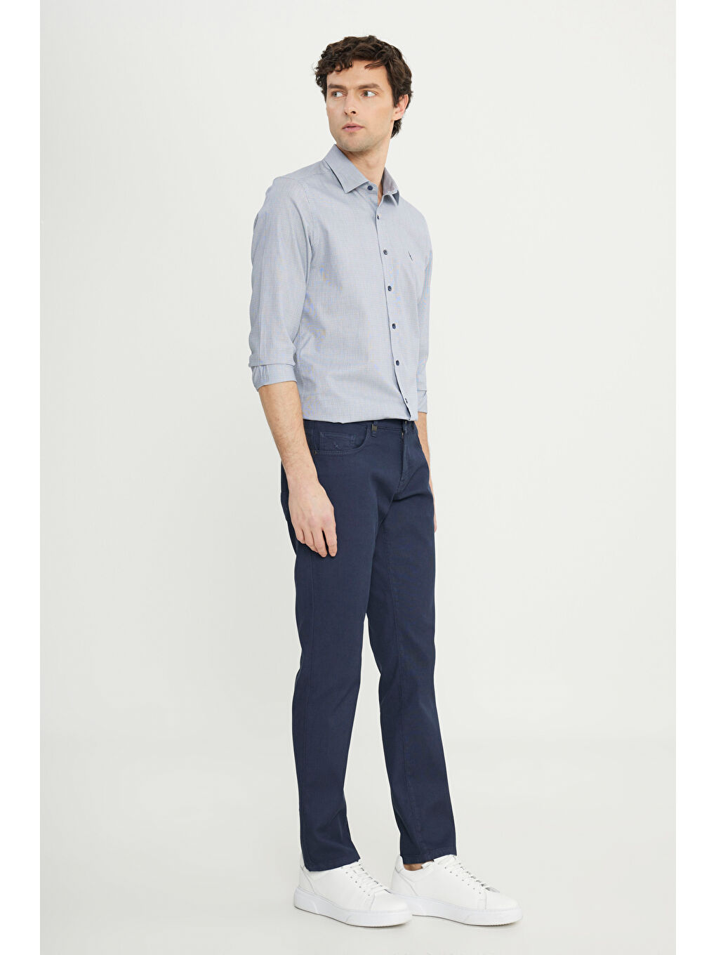 Erkek Lacivert Pamuklu Slim Fit 5 Cep Armürlü Esnek Casual Pantolon-2