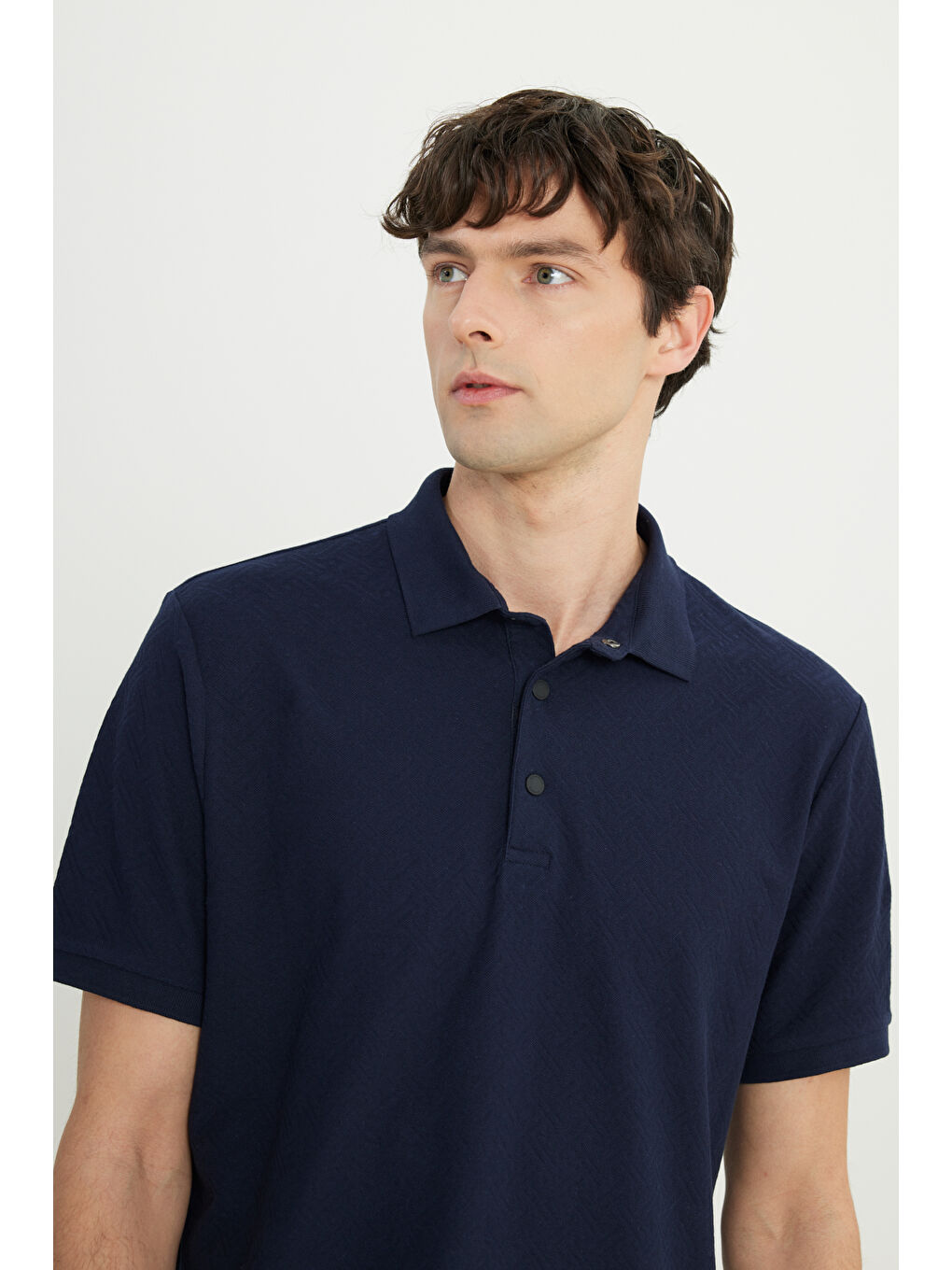 Erkek Lacivert %100 Pamuk Comfort Fit Rahat Kesim Polo Yaka Jakarlı Tişört-3