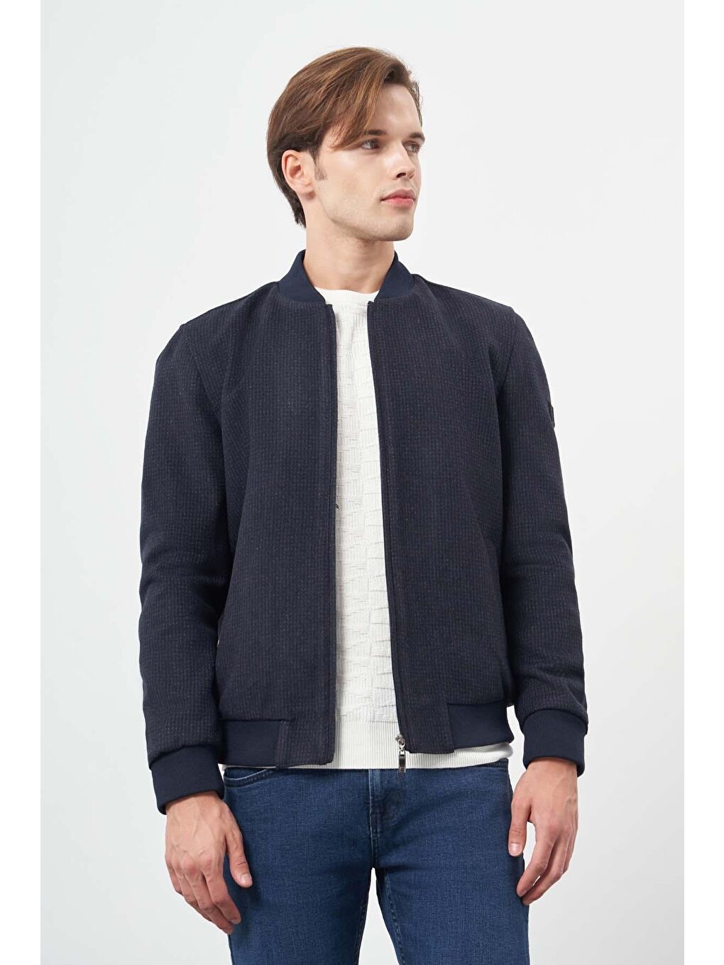 Koyu Lacivert Kaşe Kolej Yaka Kendinden Desenli Comfort Fit Classic Mont 1007245162