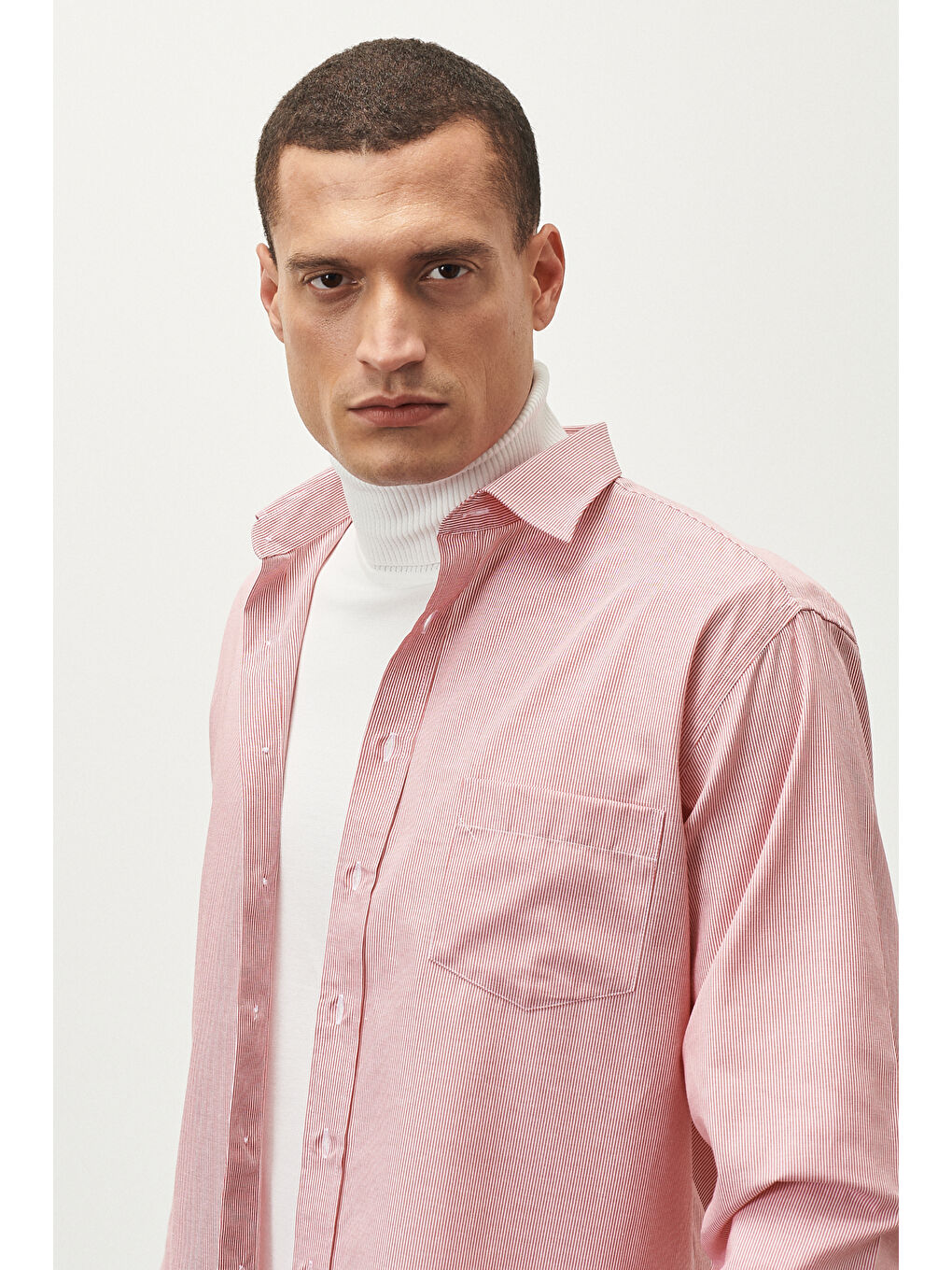 Erkek Bordo-Beyaz Comfort Fit Rahat Kesim Klasik Yaka Çizgili Gömlek-2