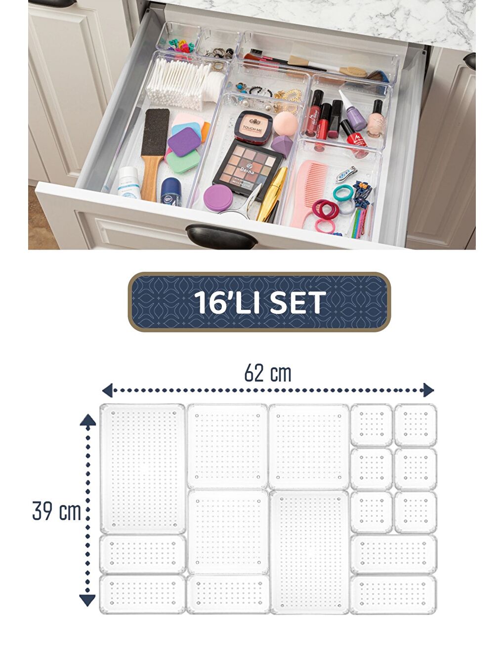 16'lı Modüler Set Çekmece İçi Düzenleyici Makyaj Takı Aksesuar Organizer Dolap İçi Düzenleyici