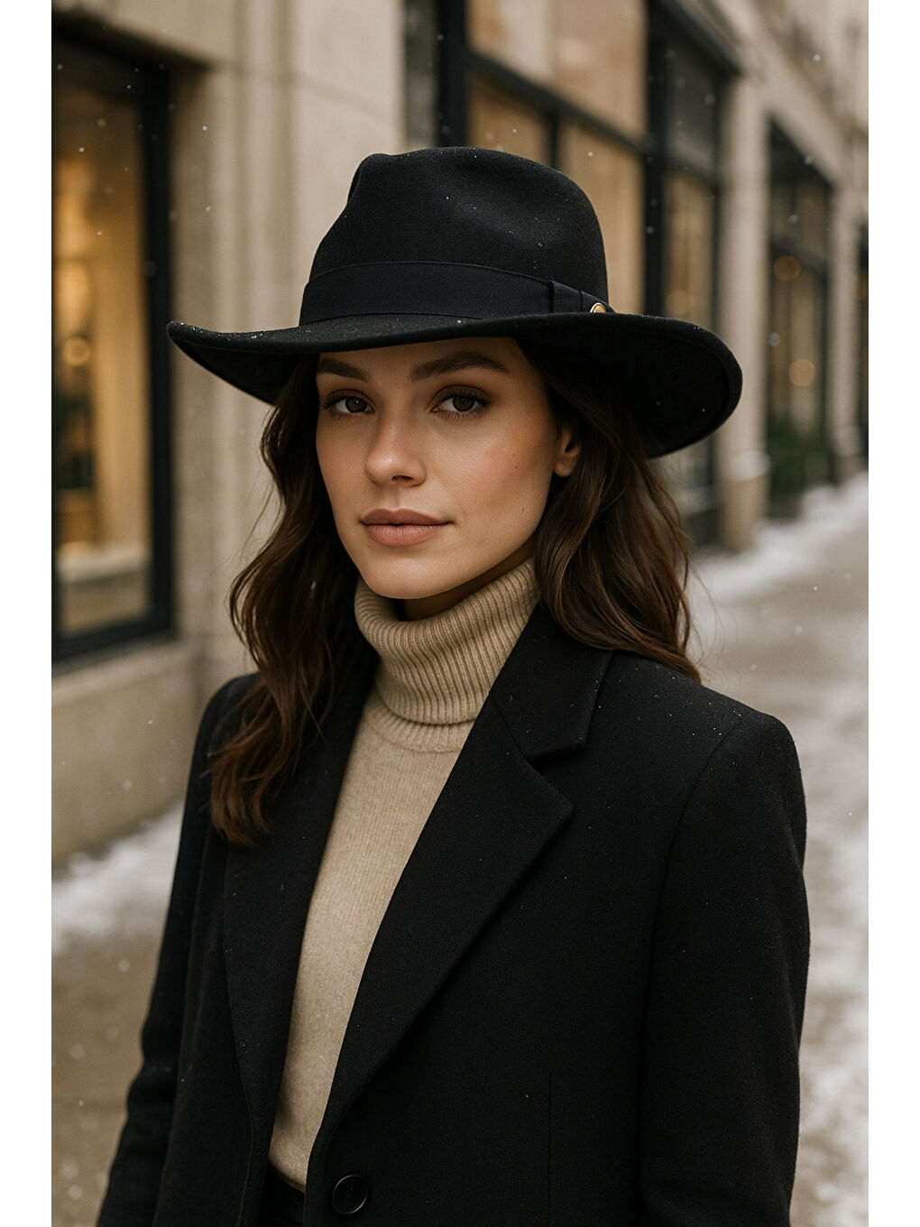 Kadın Siyah Kenarı Kıvrık Kovboy Kaşe Panama Şapka SPK1149