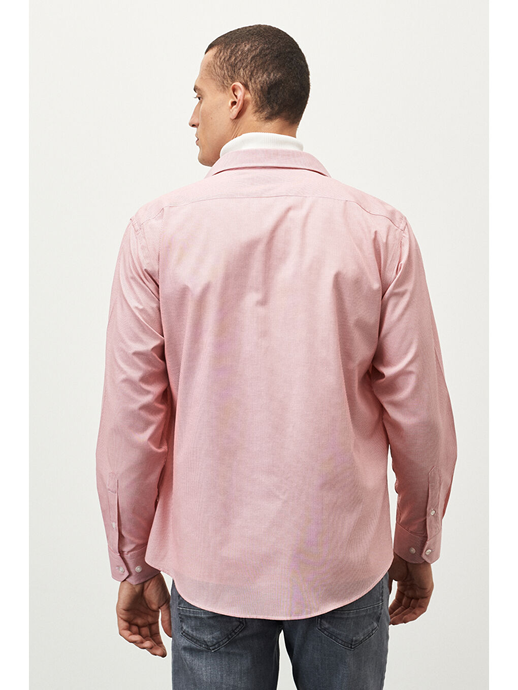 Erkek Bordo-Beyaz Comfort Fit Rahat Kesim Klasik Yaka Çizgili Gömlek-3