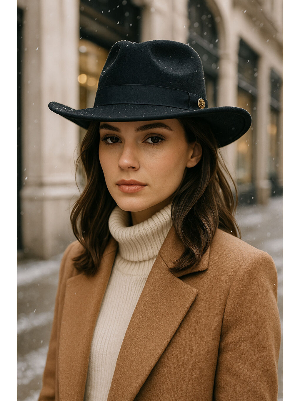 Kadın Siyah Kenarı Kıvrık Kovboy Kaşe Panama Şapka SPK1149-1
