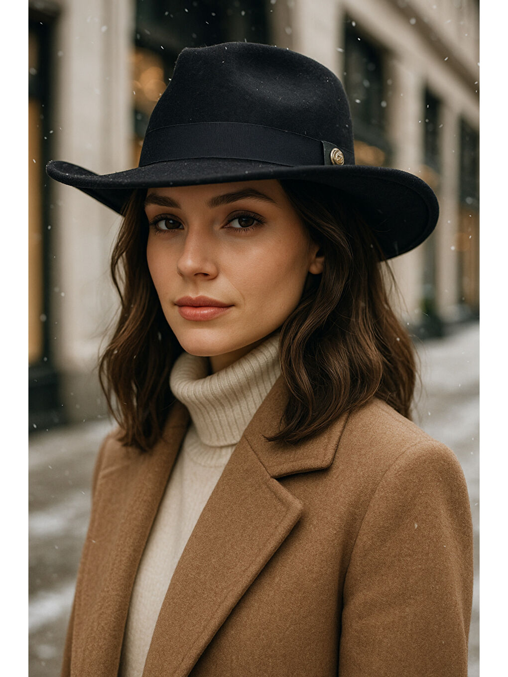 Kadın Siyah Kenarı Kıvrık Kovboy Kaşe Panama Şapka SPK1149-2