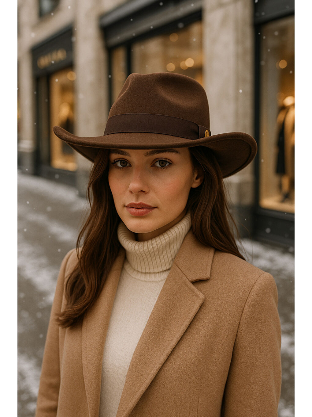 Kadın Kahverengi Kenarı Kıvrık Kovboy Kaşe Panama Şapka SPK1149