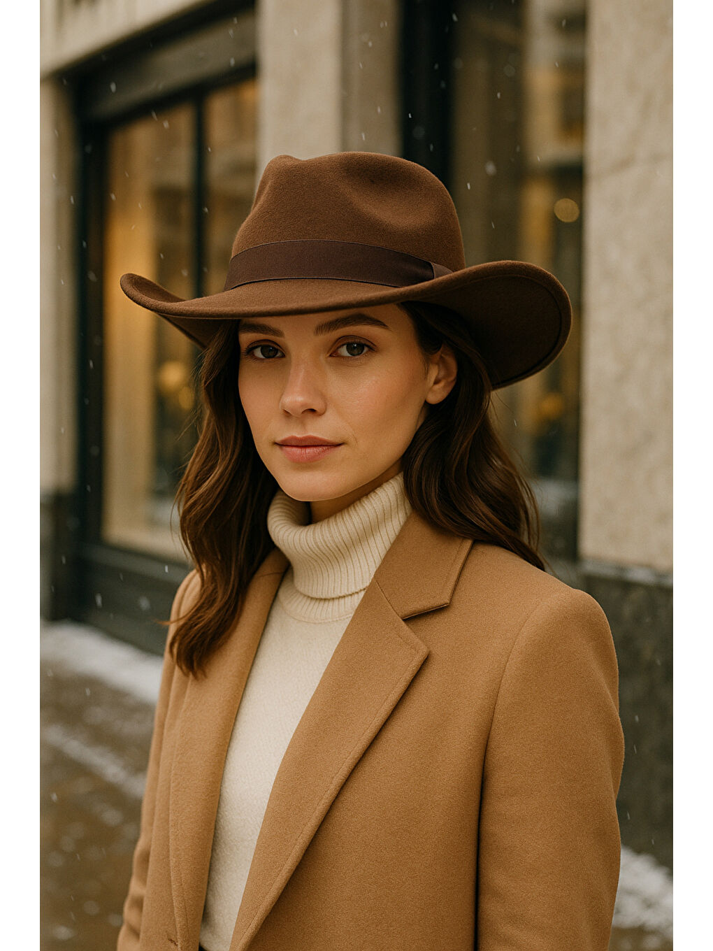 Kadın Kahverengi Kenarı Kıvrık Kovboy Kaşe Panama Şapka SPK1149-1