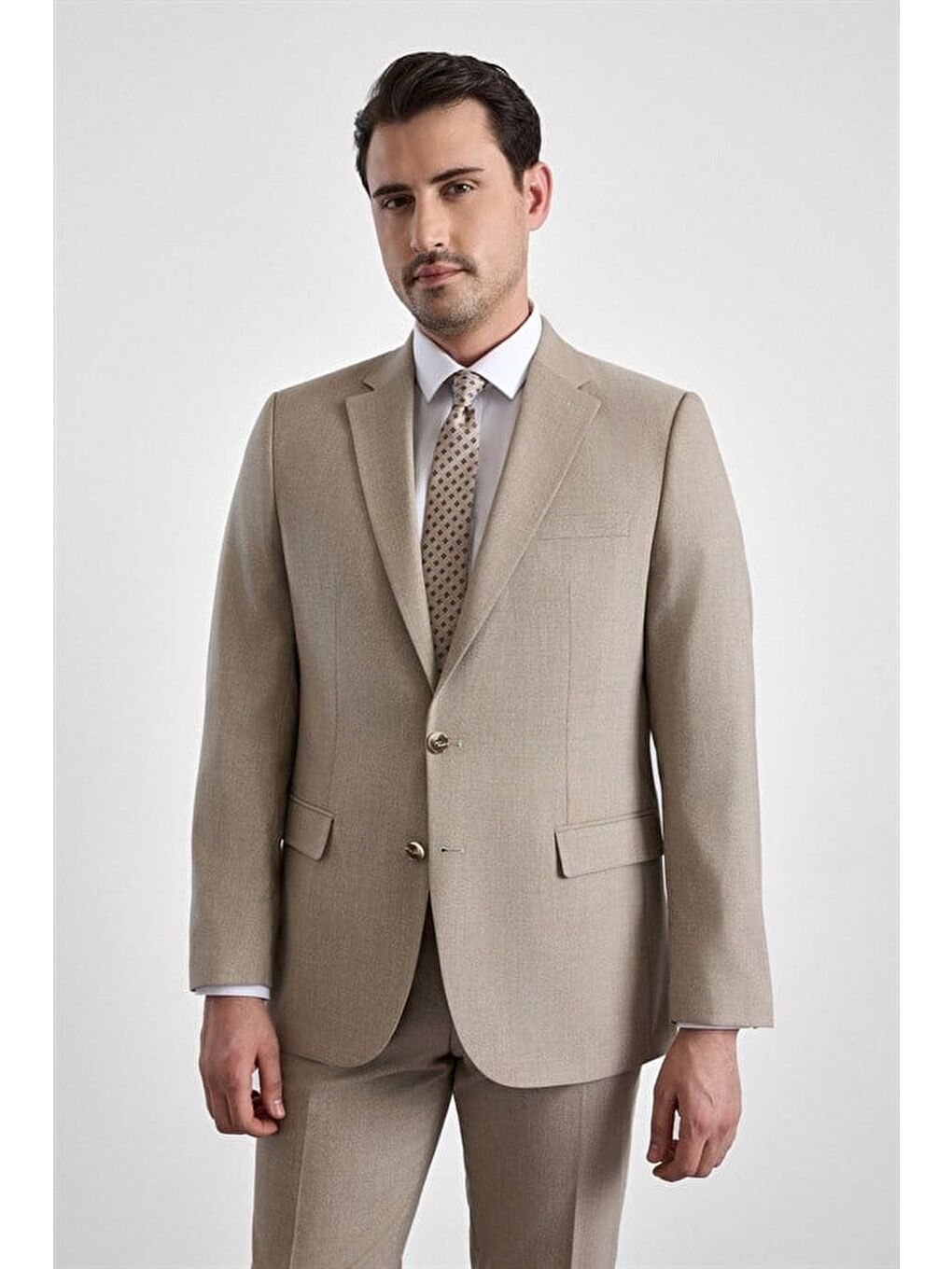Bej Regular Sivri Yaka Düz Armürlü Kapaklı Cep Standart 6 Drop Takım Elbise-2