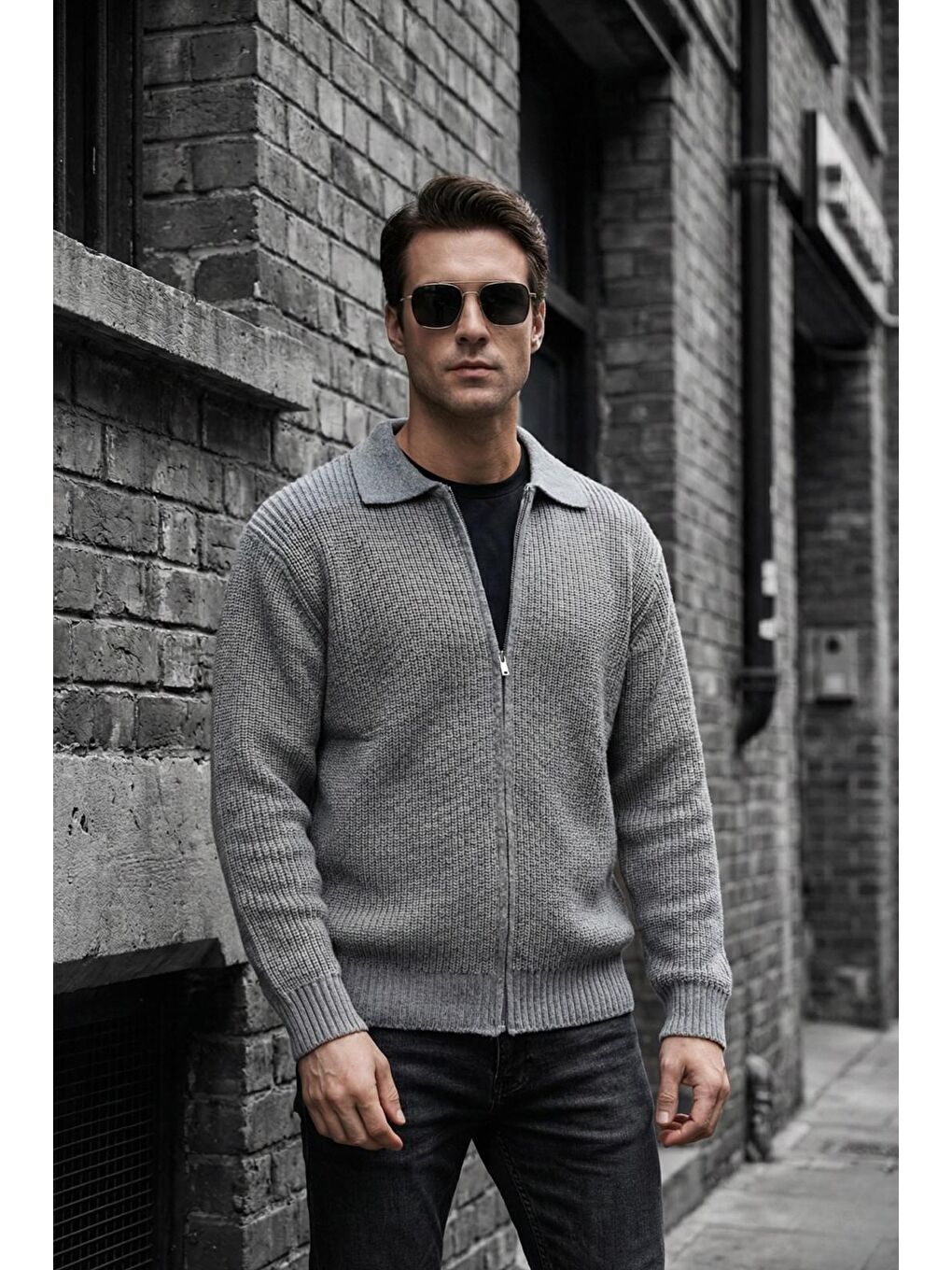 Gri Mams Erkek Slim Fit Fermuarlı Polo Yaka Ribanalı Triko Hırka