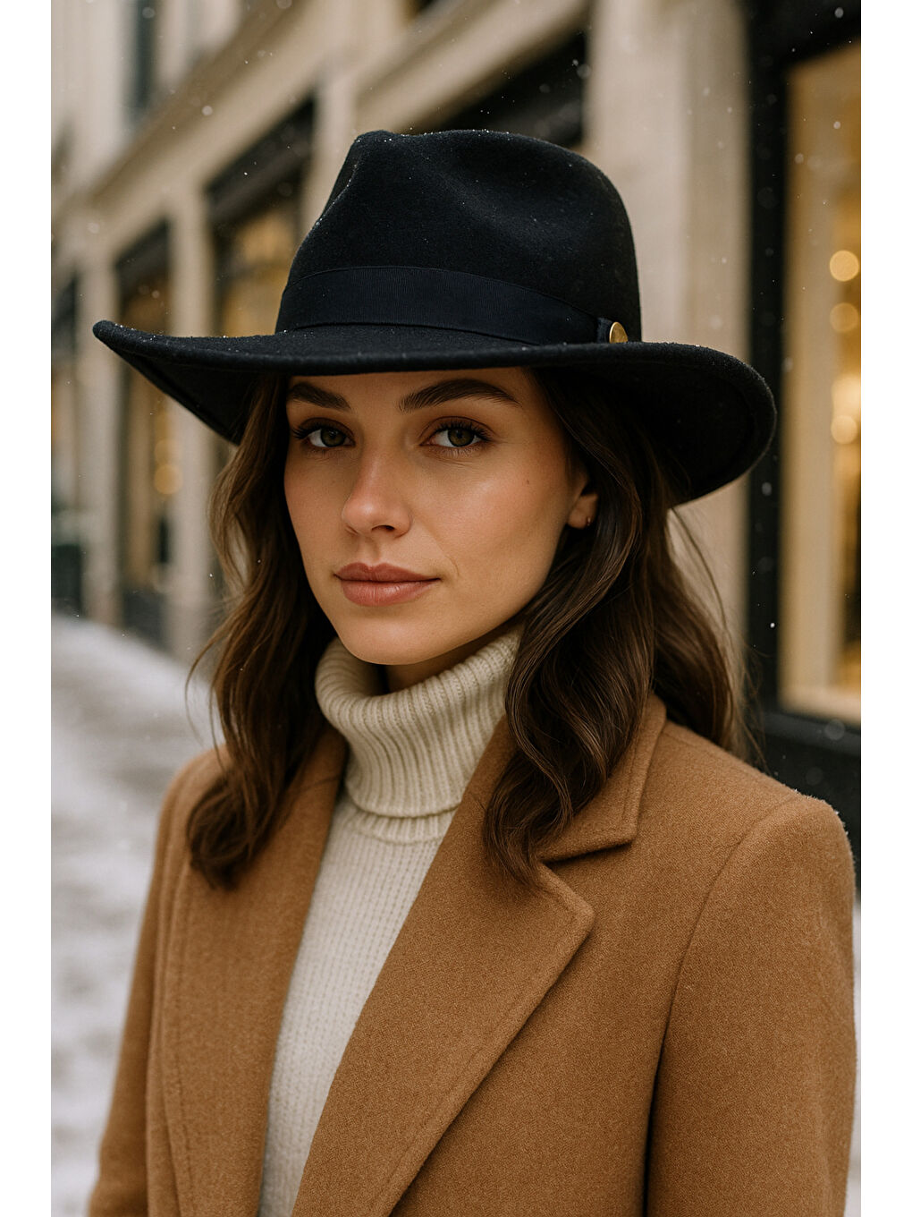 Kadın Siyah Kenarı Kıvrık Kovboy Kaşe Panama Şapka SPK1149-3