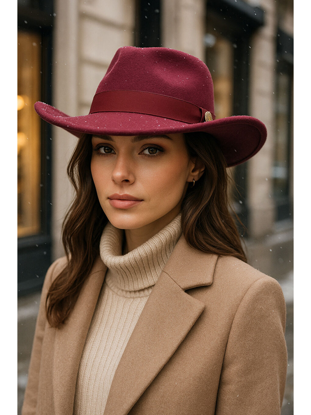 Kadın Bordo Kenarı Kıvrık Kovboy Kaşe Panama Şapka SPK1149