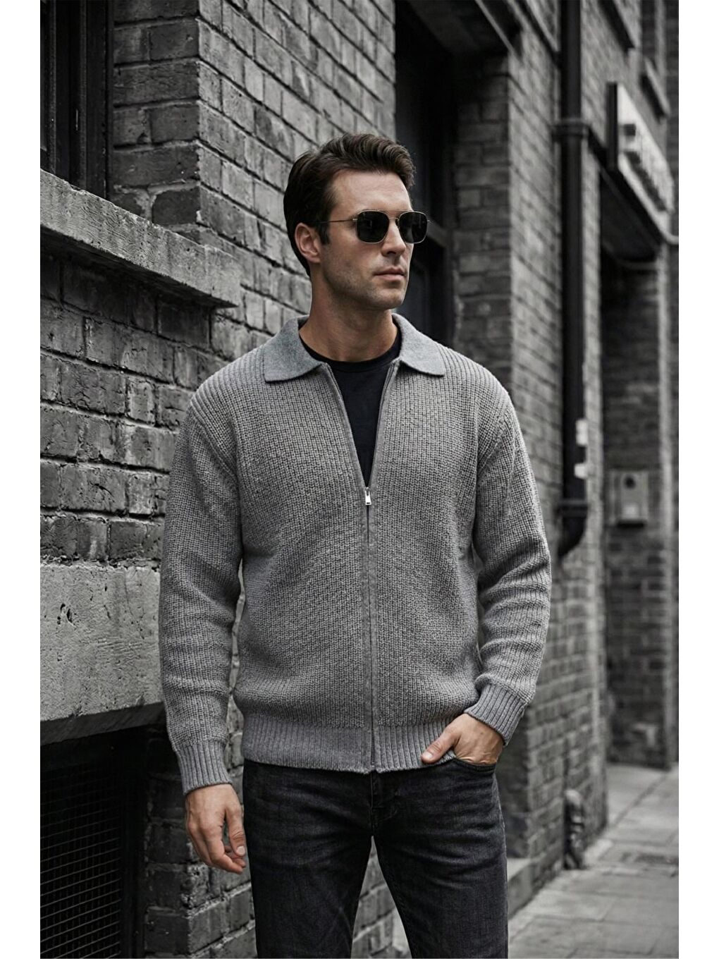 Gri Mams Erkek Slim Fit Fermuarlı Polo Yaka Ribanalı Triko Hırka-1