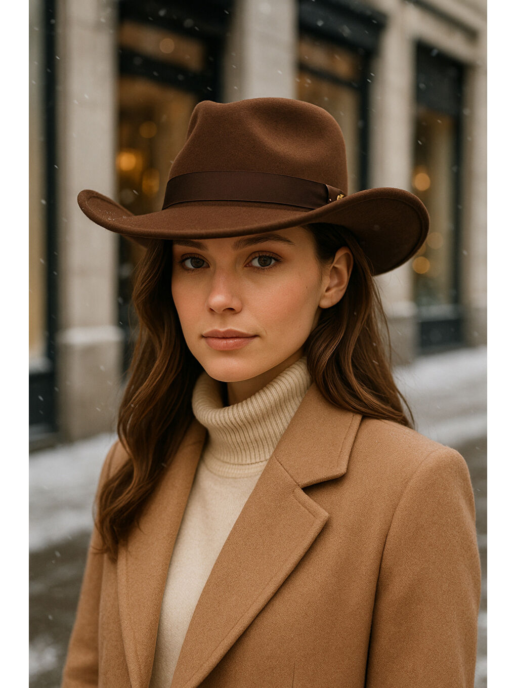 Kadın Kahverengi Kenarı Kıvrık Kovboy Kaşe Panama Şapka SPK1149-2