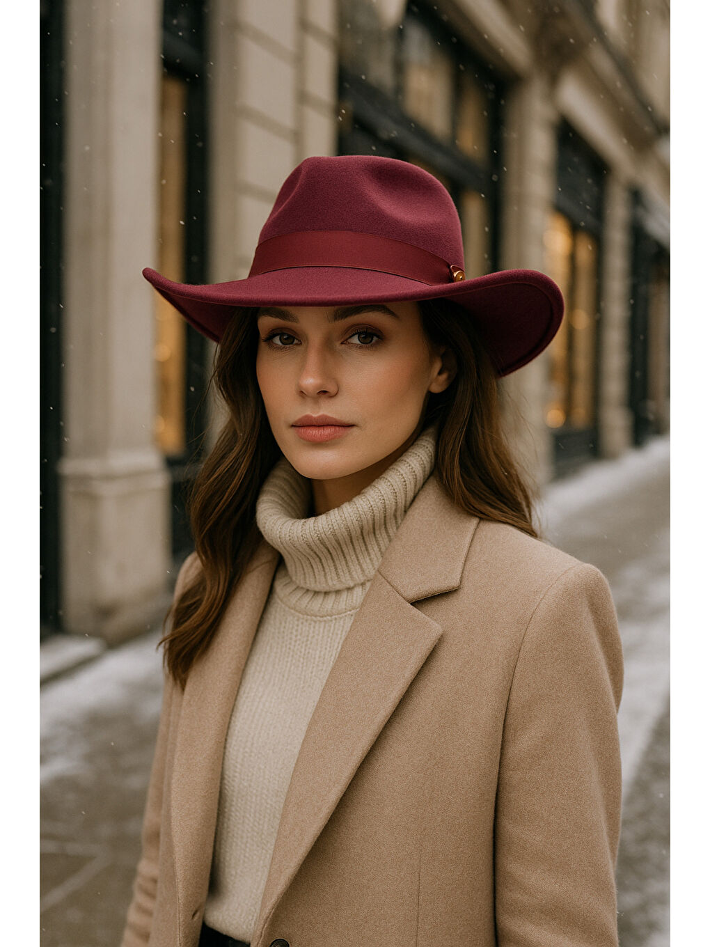 Kadın Bordo Kenarı Kıvrık Kovboy Kaşe Panama Şapka SPK1149-1