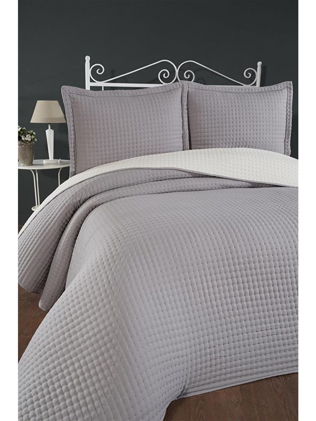 Elisa Dolgulu Çift Taraflı Çift Kişilik 240x260 Cm Yatak Örtüsü Koyu Gri-1