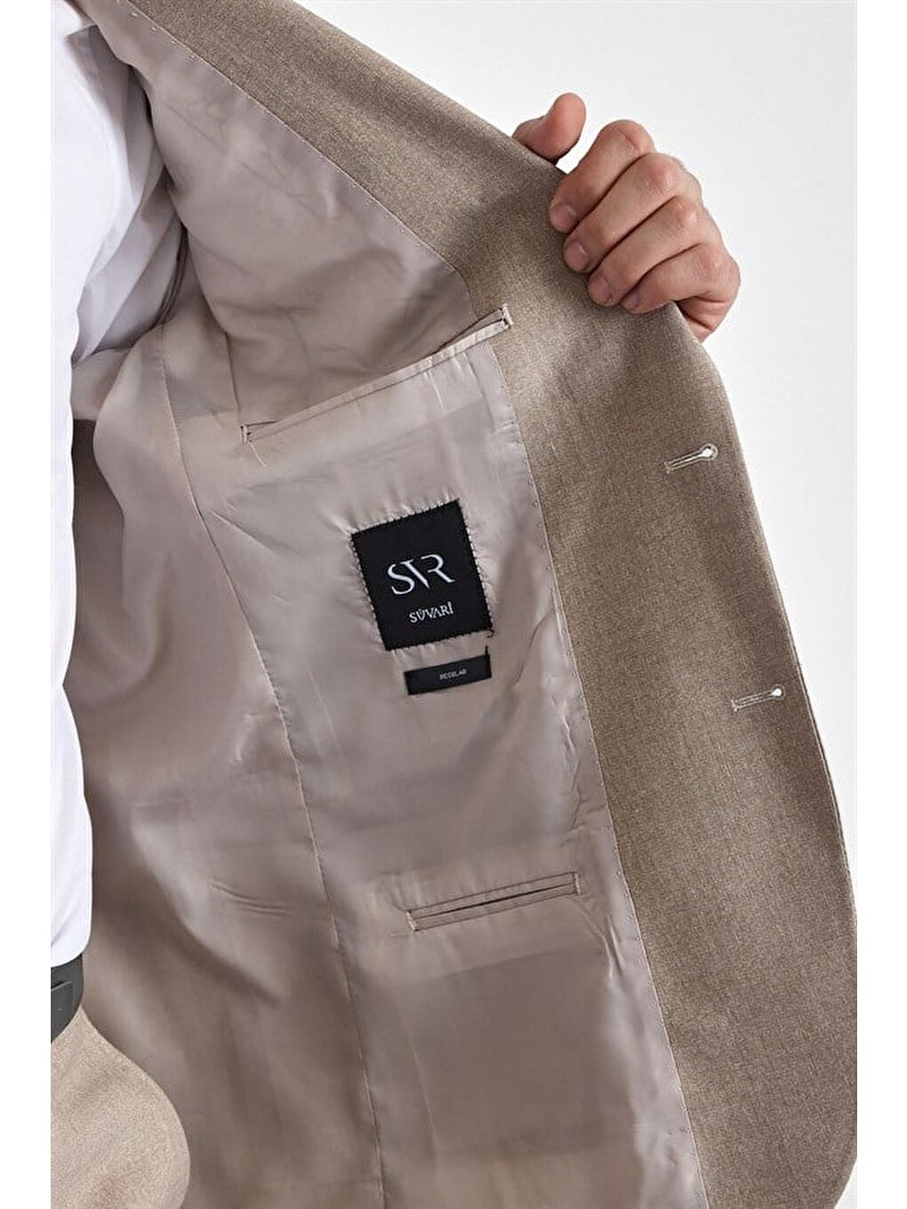 Bej Regular Sivri Yaka Düz Armürlü Kapaklı Cep Standart 6 Drop Takım Elbise-6