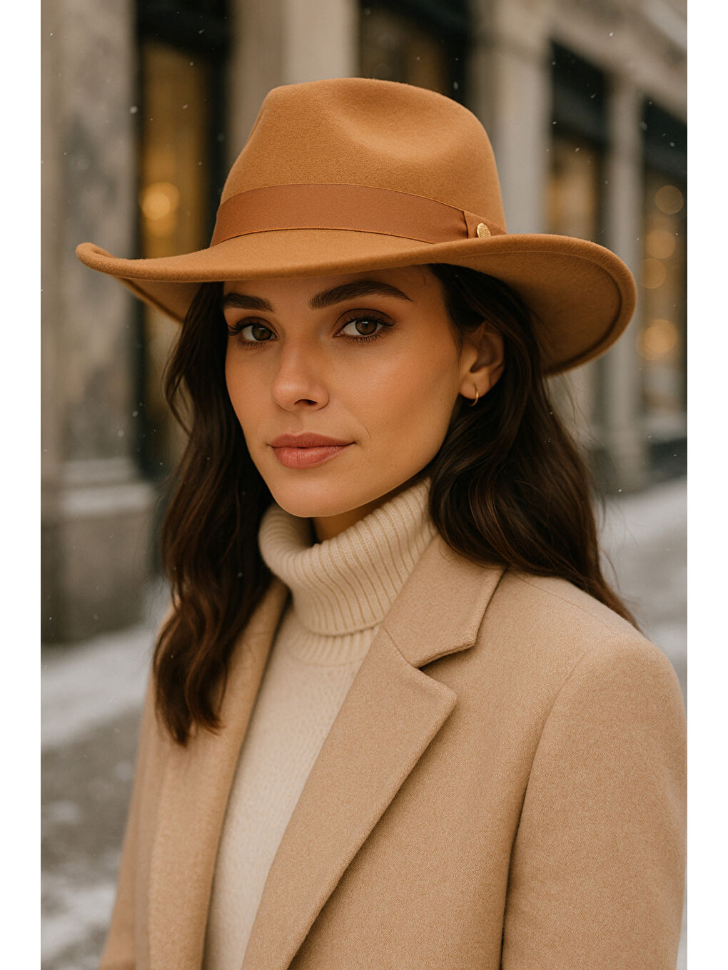 Kahverengi Kadın Camel Kenarı Kıvrık Kovboy Kaşe Panama Şapka SPK1149