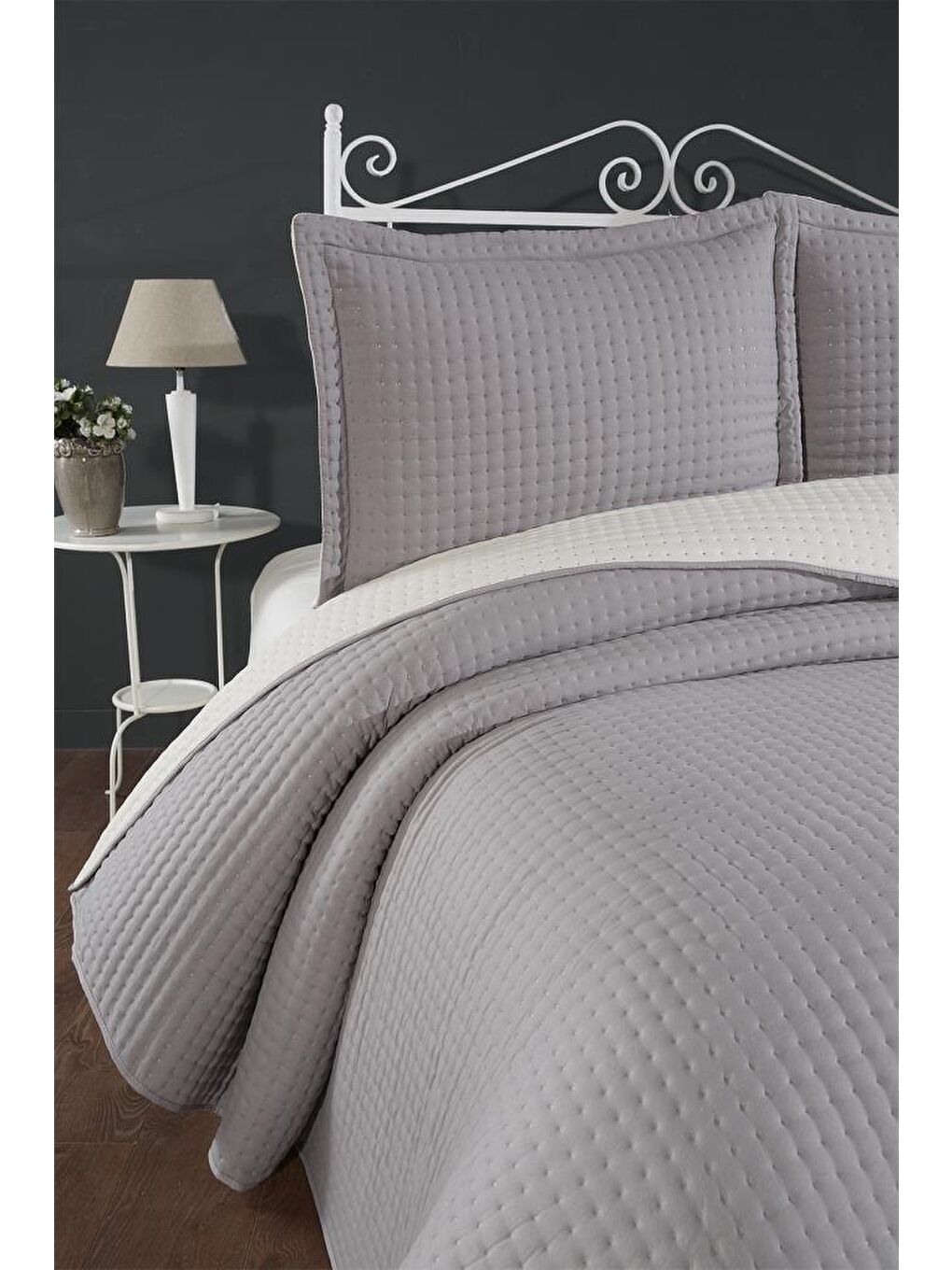 Elisa Dolgulu Çift Taraflı Çift Kişilik 240x260 Cm Yatak Örtüsü Koyu Gri-2