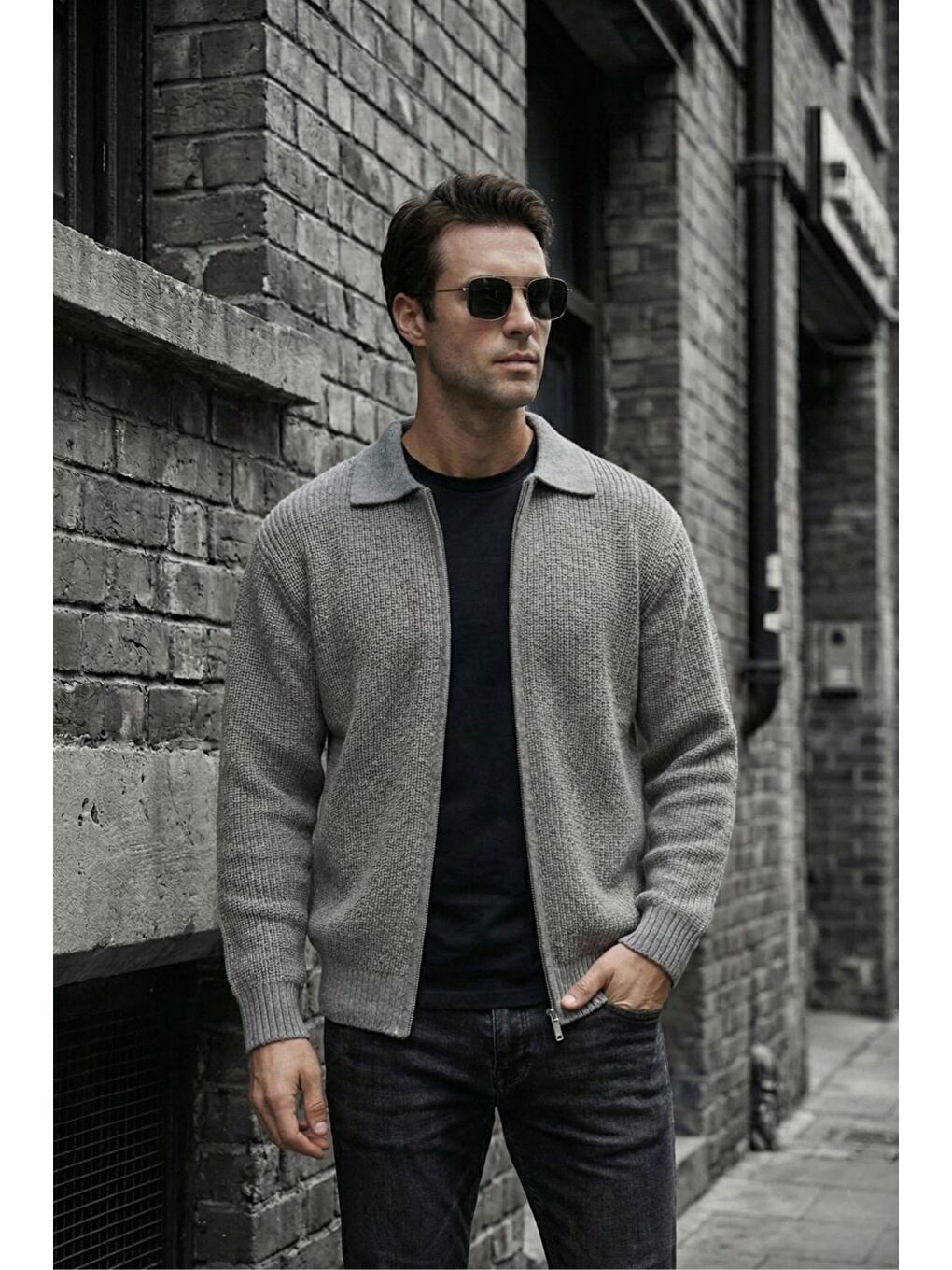 Gri Mams Erkek Slim Fit Fermuarlı Polo Yaka Ribanalı Triko Hırka-2