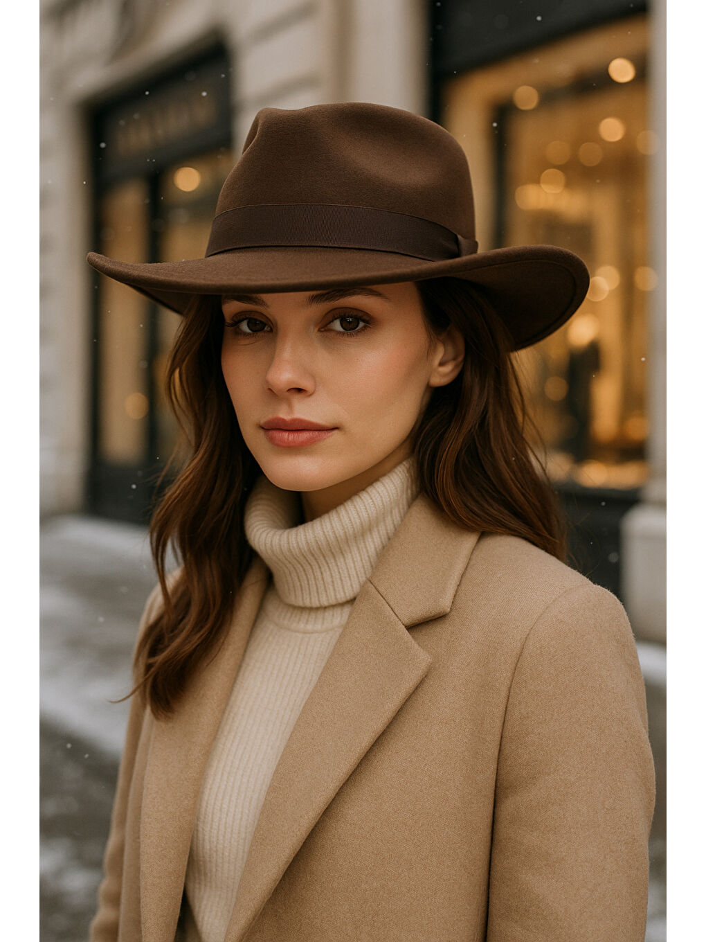 Kadın Kahverengi Kenarı Kıvrık Kovboy Kaşe Panama Şapka SPK1149-3