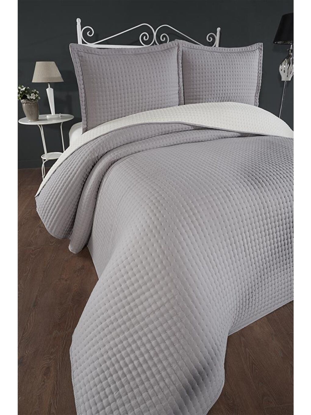 Elisa Dolgulu Çift Taraflı Çift Kişilik 240x260 Cm Yatak Örtüsü Koyu Gri-3